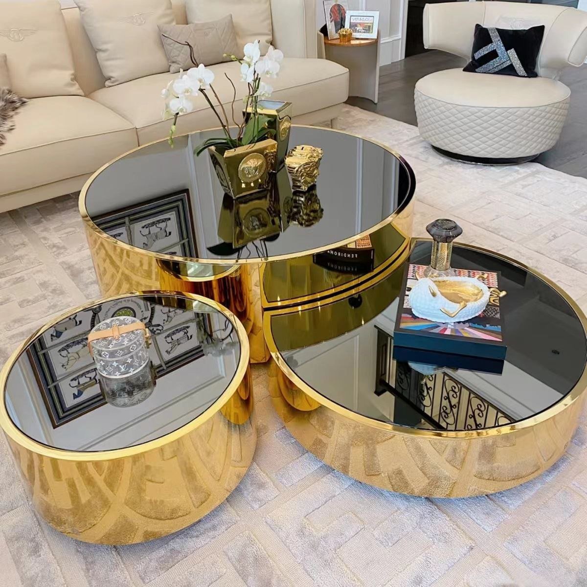 3 In 1 Round Glass Coffee Table With Golden Stainless Steel