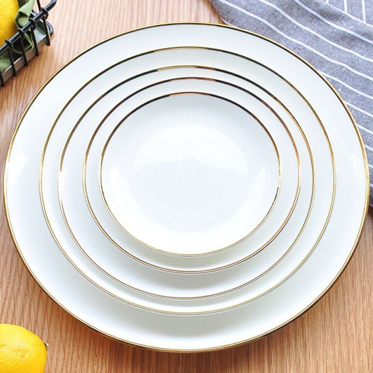 Simple and Classic White Porcelain Plate with Gold Rim